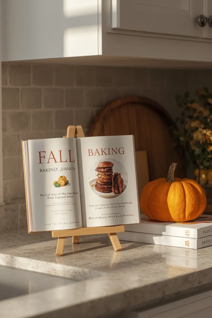 17 Fall Kitchen Countertop Decor Ideas That Feel Cozy, Not Cluttered 16 kitchen counter shot, featuring a fall baking cookbook propped open