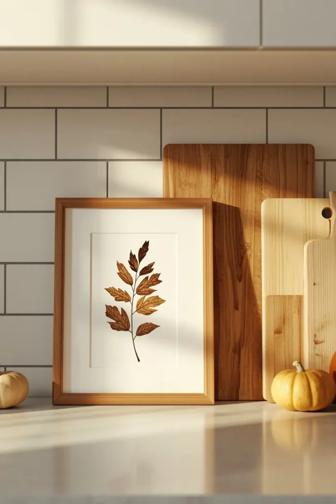 20 Fall Kitchen Decor Ideas That Are Easy to Recreate 16 kitchen counter close-up, featuring a small framed botanical fall print leaned