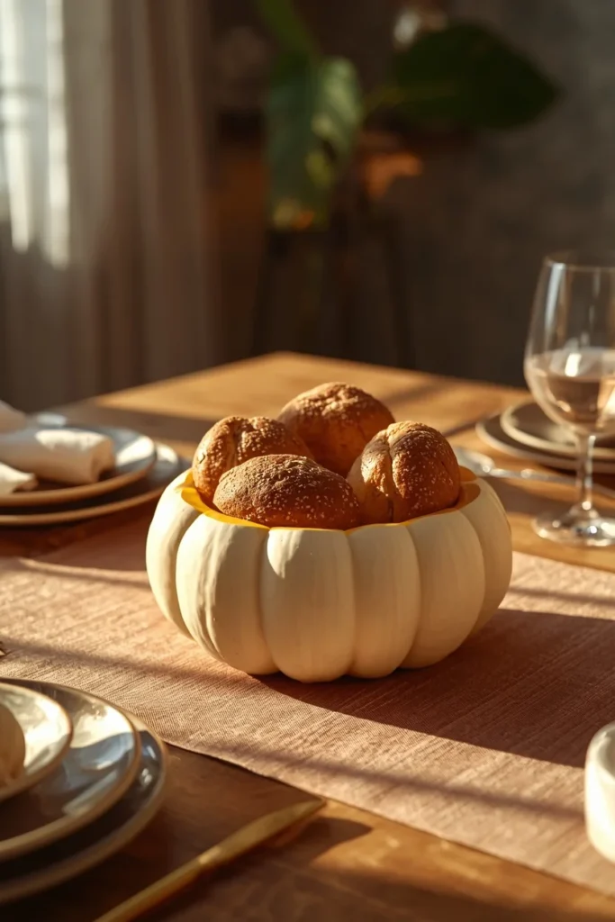 18 Fall Table Setting Ideas for Cozy Autumn Dinners 16 dining table, featuring a hollowed cream pumpkin used as a serving bowl