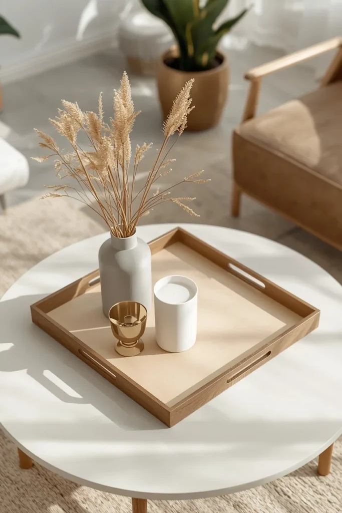 15 Fall Tray Decor Ideas to Style Your Coffee Table Like a Pro 16 small coffee table, featuring one compact grouping of a vase, candle, and small bowl