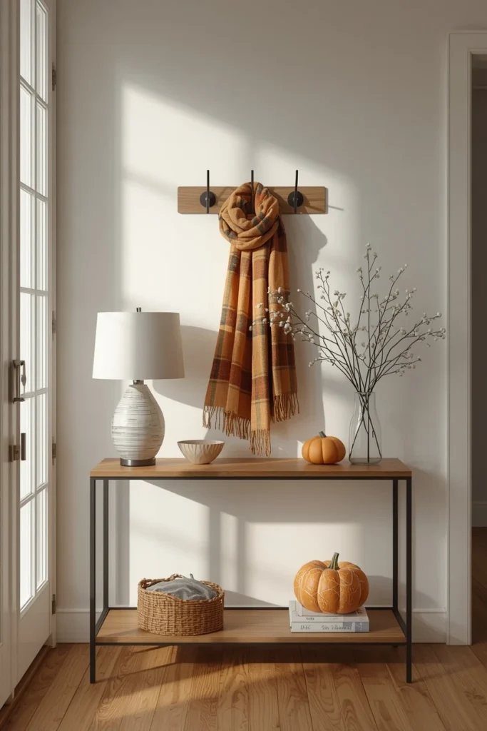  entryway, featuring a wall hook with a hanging fall scarf above a console table