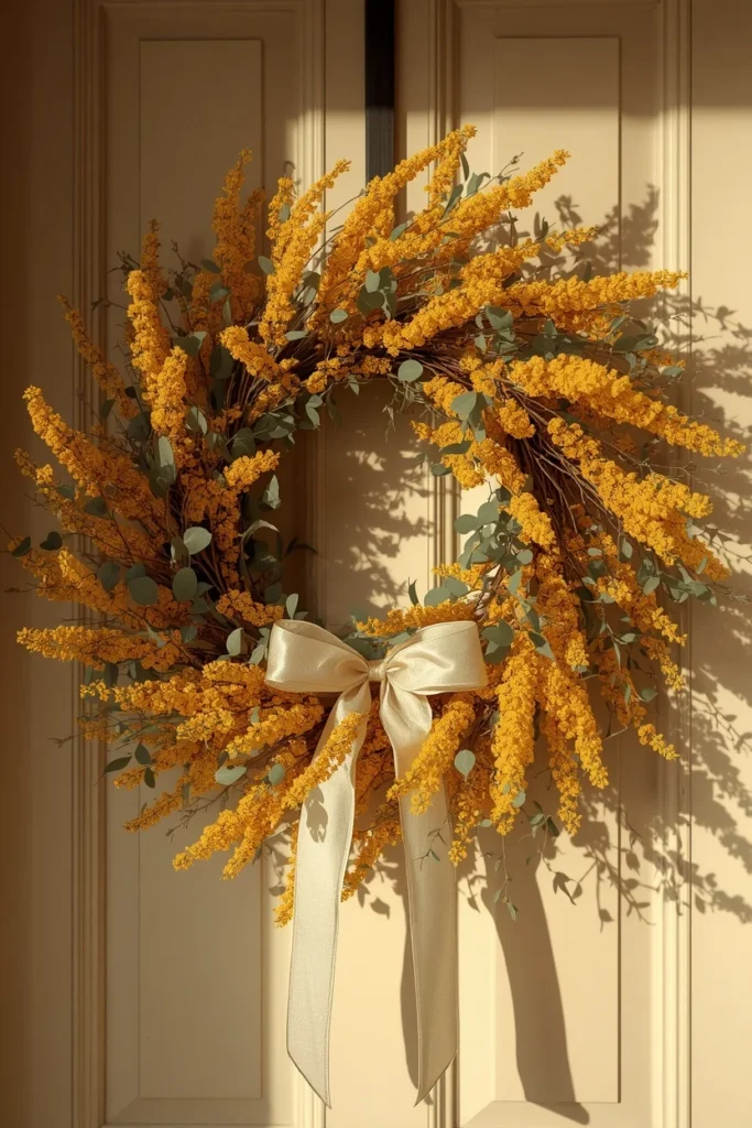24 Fall Wreath Ideas to Welcome the Season in Style 16 front door, featuring a wreath covered generously in bright goldenrod flowers, fresh eucalyptus sprigs