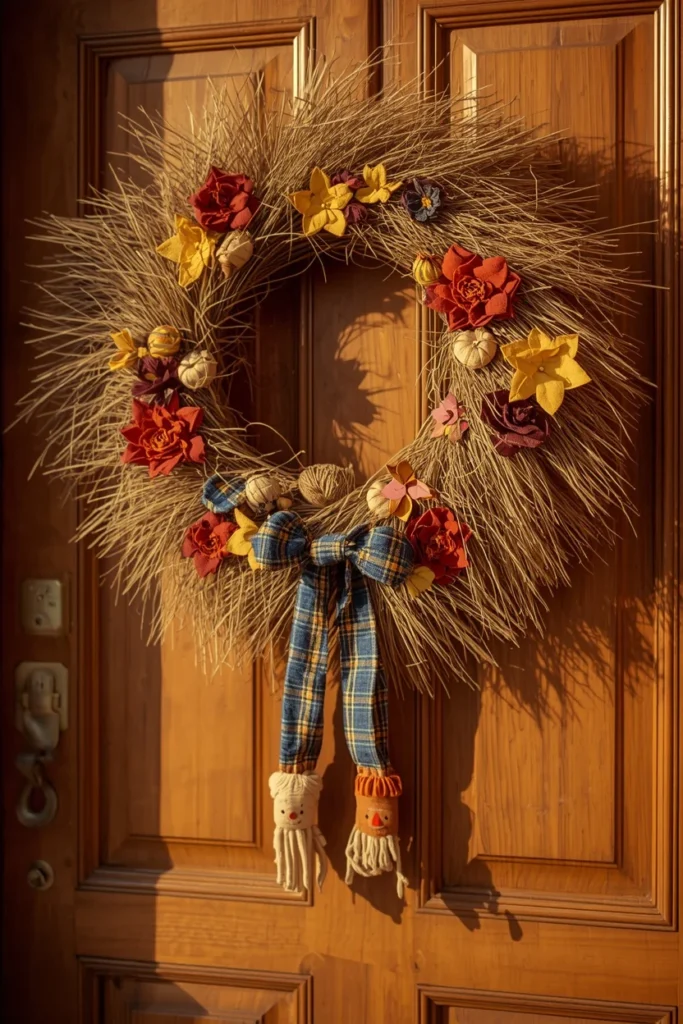 19 Fun DIY Scarecrow Ideas for fall that Kids Will Love Making 16 front door close-up, featuring a straw wreath decorated with a felt scarecrow face
