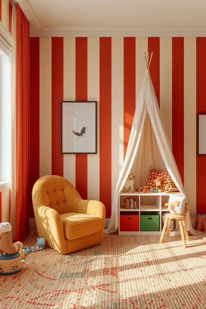 15 FunHaus Interior Ideas for a Bold, Playful Home That Breaks the Rules 16 playroom wide angle shot, featuring bold red and cream striped walls
