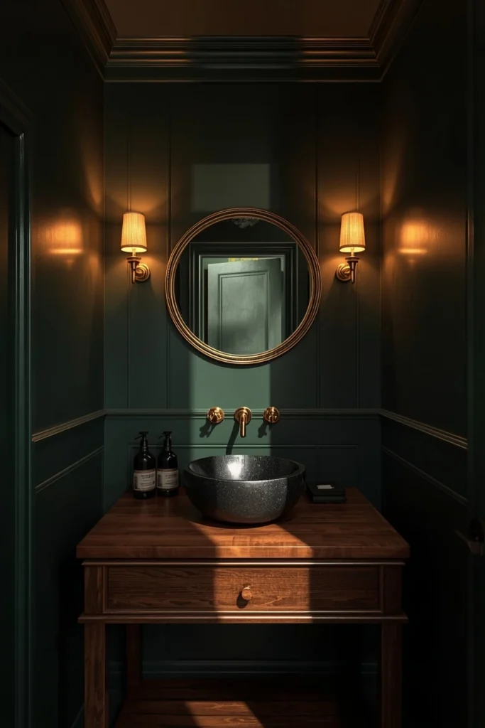 21 Green Bathroom Ideas That Bring Nature's Calm Into Your Home 16 small powder room, featuring dark bottle green walls and ceiling