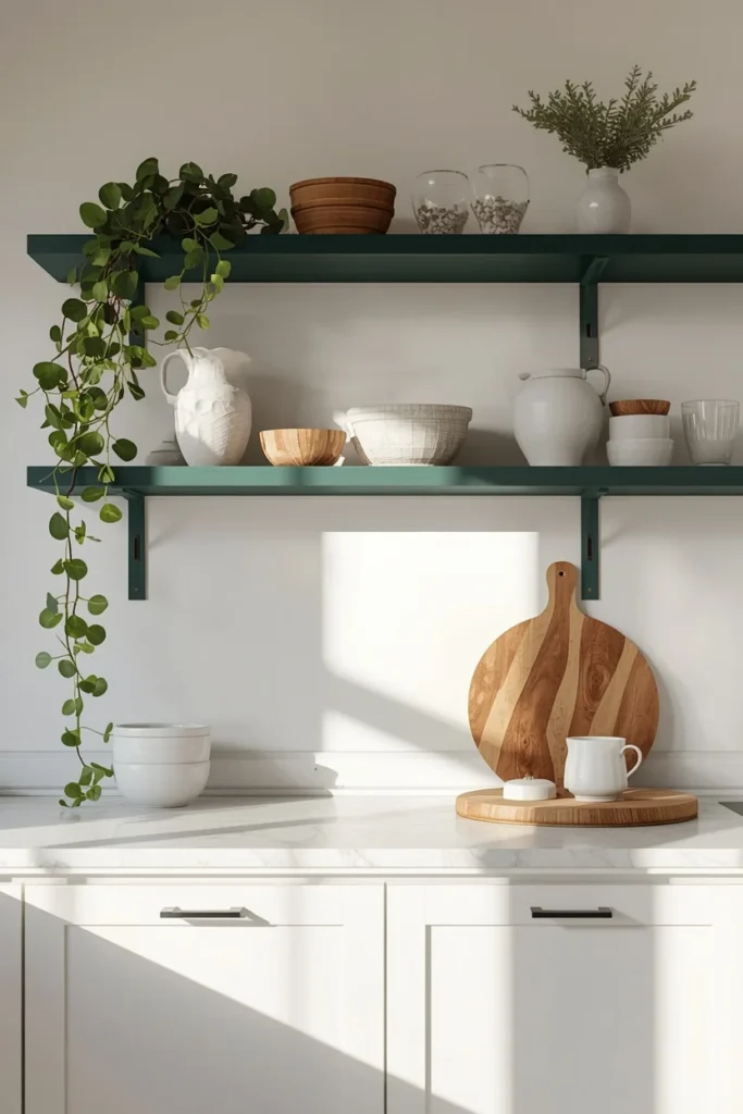 17 Green Kitchen Designs That Feel Bold, Fresh & Totally Unexpected 16 kitchen, featuring open wood shelving painted deep green mounted on white walls