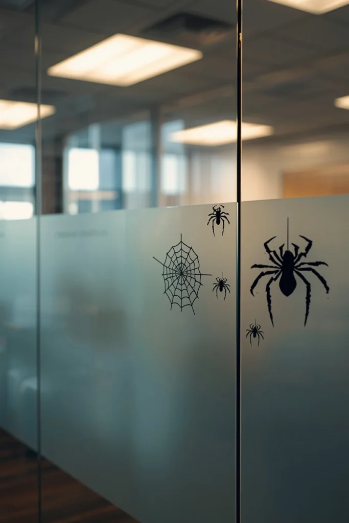  medical office glass partition, featuring sparse thin vinyl spider web decals