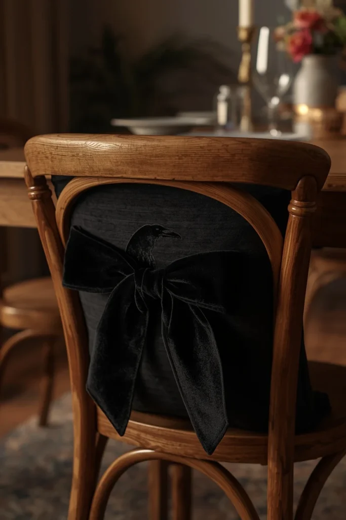 dining chair detail shot, featuring a black raven-silhouette throw pillow tied to the back of a wooden dining chair