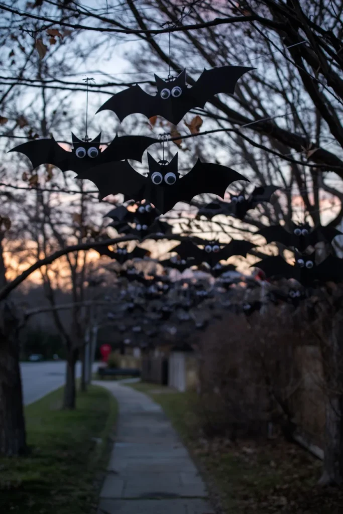 18 Halloween Walkway Ideas That Set the Spooky Mood Early 16 Halloween bat display, featuring black paper bat silhouettes with oversized googly eyes