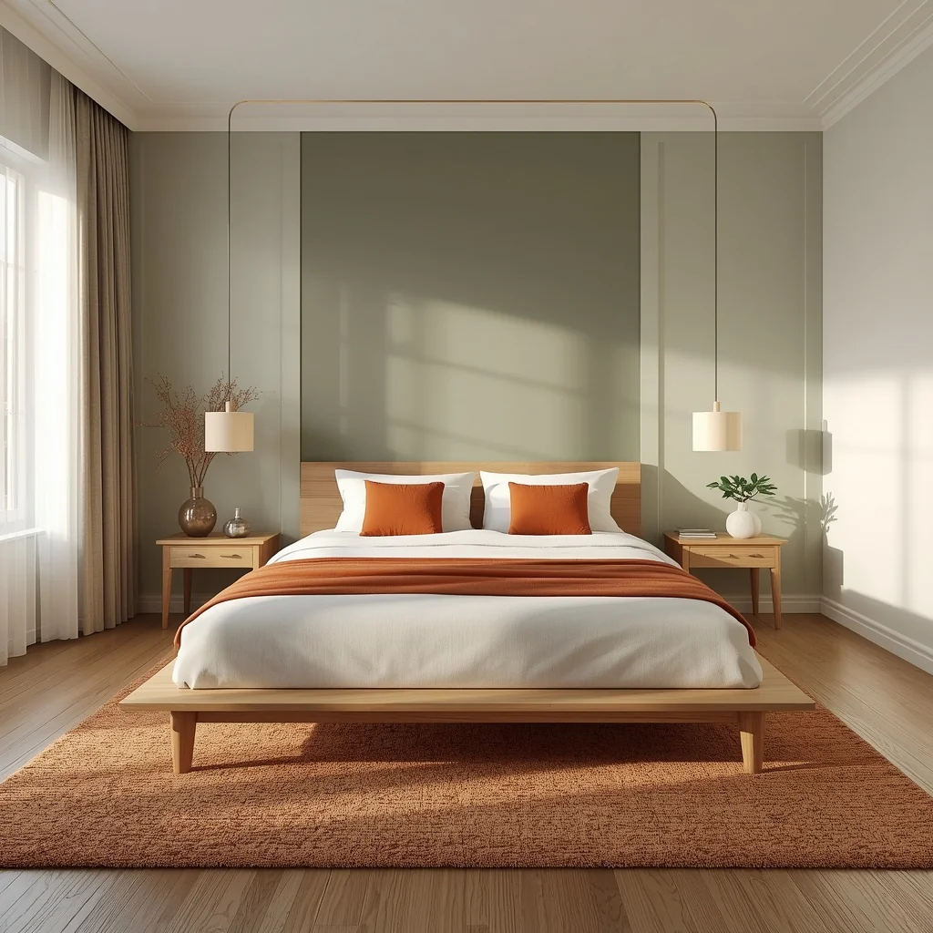Japandi bedroom, featuring a soft sage green accent wall paired with terracotta throw pillows