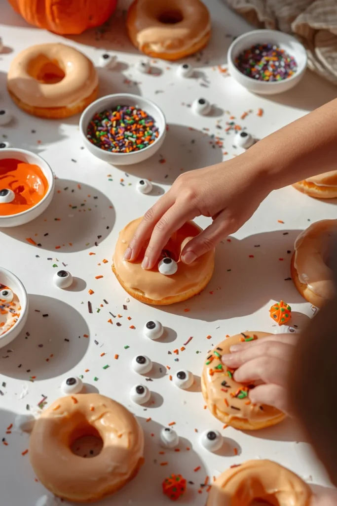 Halloween dessert table, featuring plain doughnuts, small bowls of colored icing