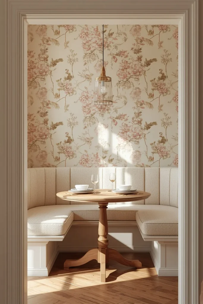 21 Kitchen Banquette Seating Ideas That Make Every Meal Feel Special 16 kitchen breakfast nook, featuring a soft botanical wallpaper on the wall behind a cream boucle banquette bench,