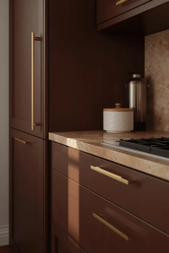small kitchen, featuring chocolate brown matte cabinetry, unlacquered brass hardware