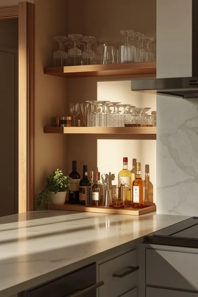kitchen island, featuring an open shelf bar nook stocked with stacked glassware