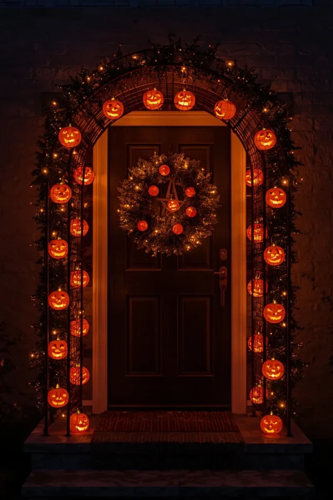  front door archway at night, featuring glowing mini jack-o-lantern buckets