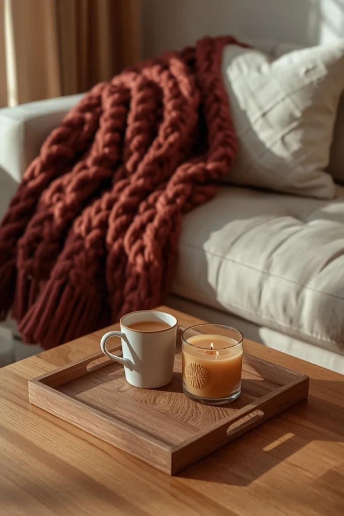  living room coffee table, featuring a chunky knit throw blanket in deep plum