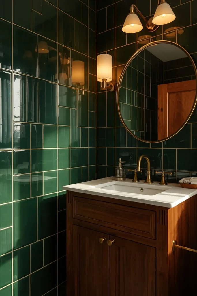 25 Modern Bathroom Designs That Look Like a 5-Star Spa Retreat 16 bathroom, featuring deep green glossy tile walls, warm walnut vanity cabinetry