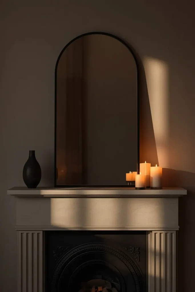 16 Modern Halloween Mantle Decor Ideas That Feel Fresh 16 modern fireplace mantel, featuring one large arched mirror with a thin black frame