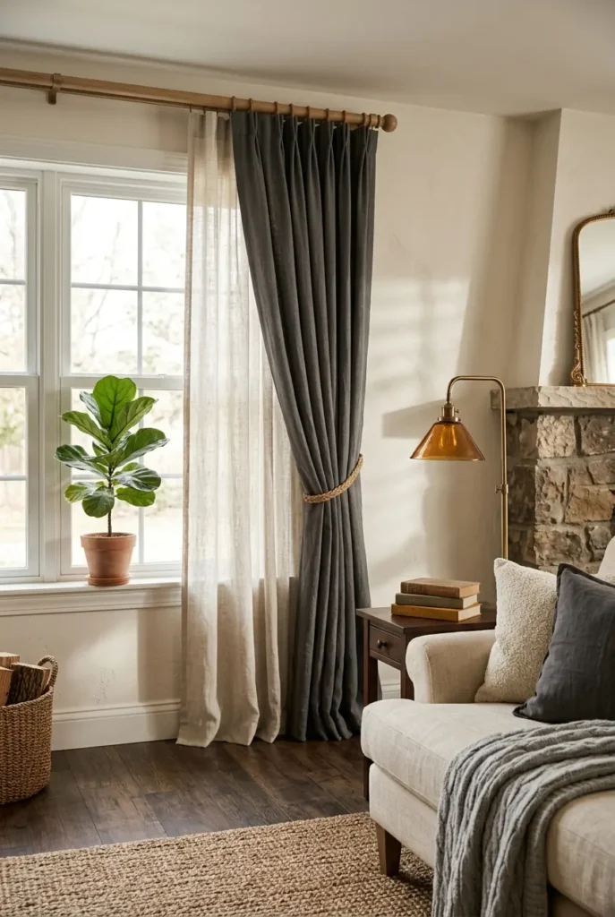 living room window, featuring layered sheer and charcoal pinch-pleat curtains 
