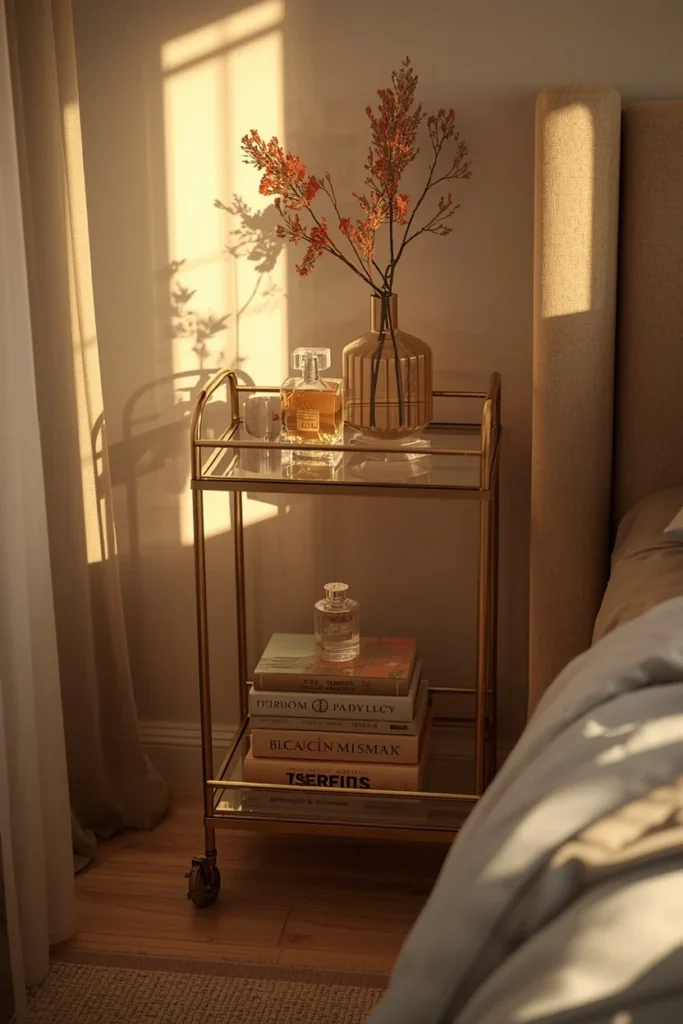  bedroom corner, featuring a small brass and glass bar cart restyled with perfume bottle