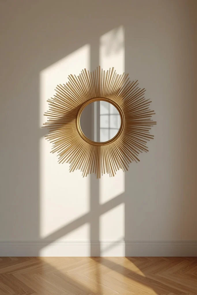  living room wall close-up, featuring a gold sunburst mirror positioned opposite a window