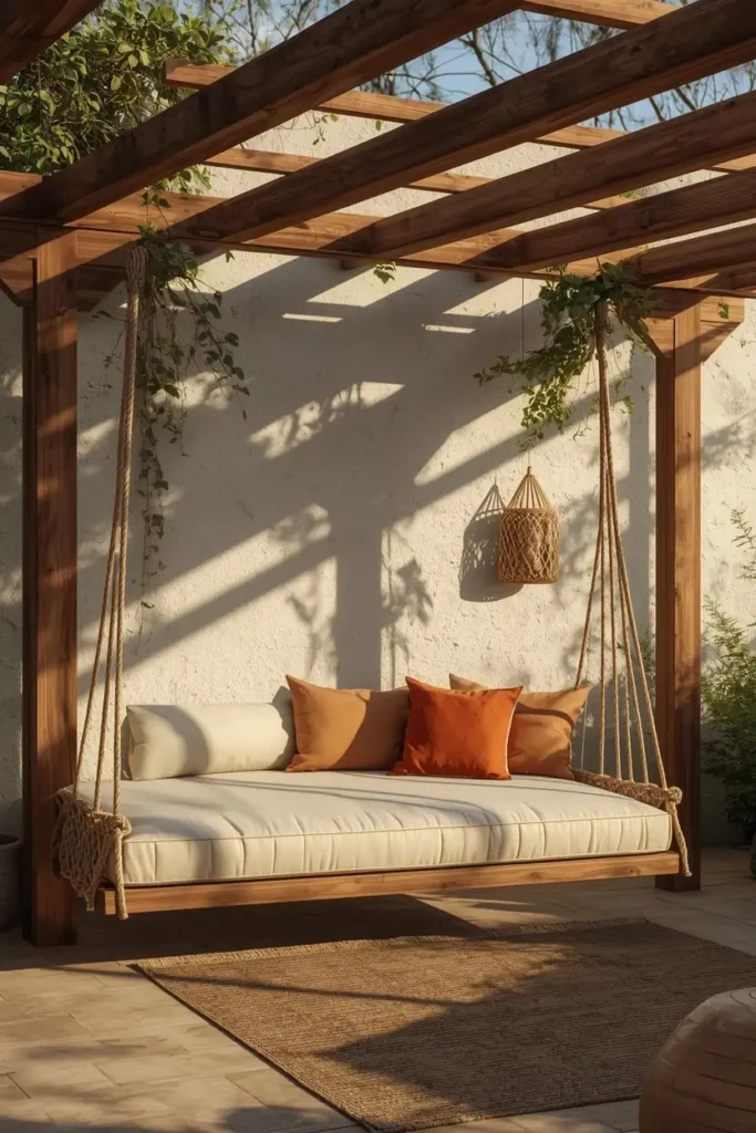  backyard pergola, featuring a wide hanging daybed suspended by rope