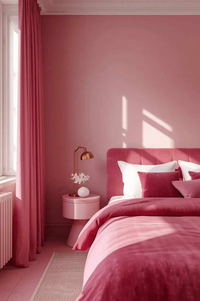  small apartment bedroom, featuring a fully monochromatic pink color scheme spanning blush