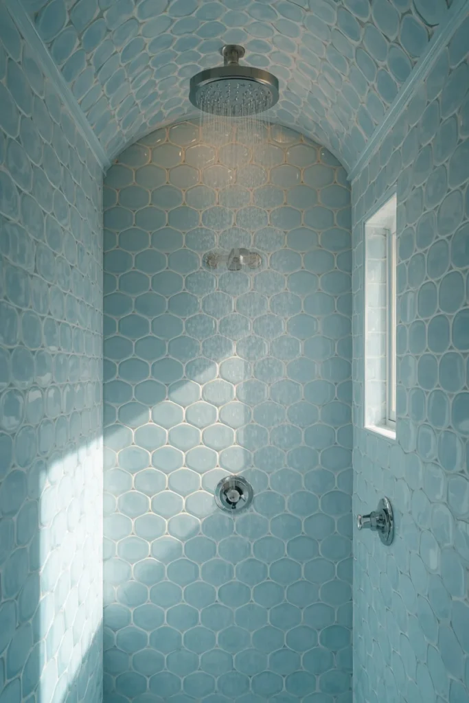 18 Scalloped Tile Ideas for a Soft, Statement-Making Bathroom 16 shower interior shot, featuring soft blue scalloped tile continuing seamlessly from the walls
