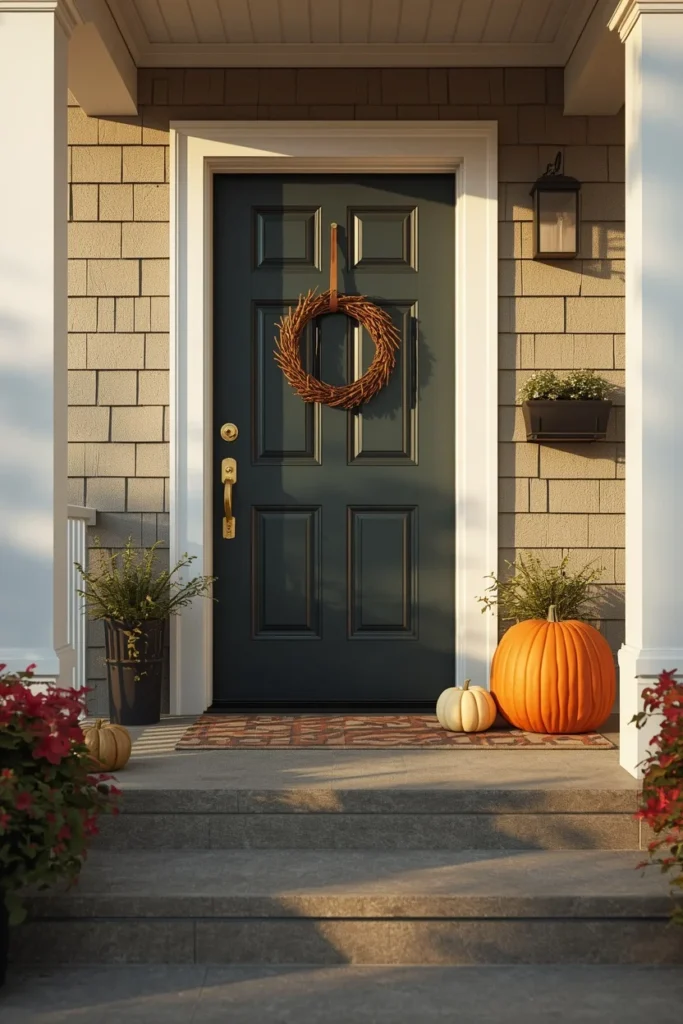 16 Simple Fall Porch Decor Ideas Anyone Can Pull Off This Season 16 small front porch, featuring a hanging wreath on the door, a wall-mounted planter beside the entry,