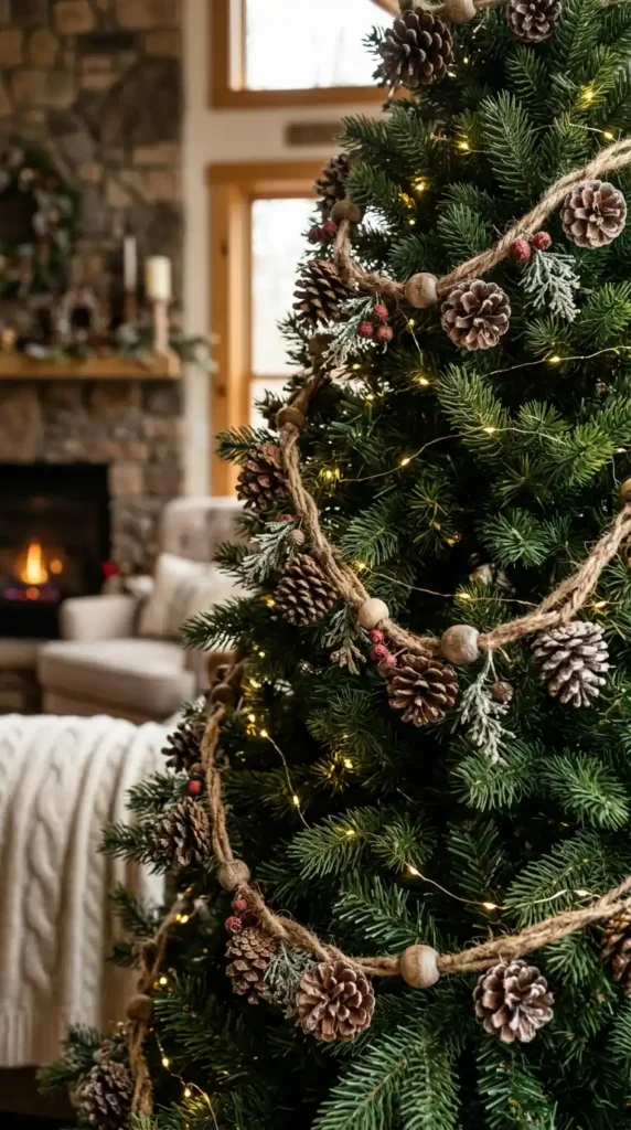 15 Simple Thanksgiving-to-Christmas Tree Transition Ideas 16 Christmas tree, featuring a handmade pinecone and jute twine garland