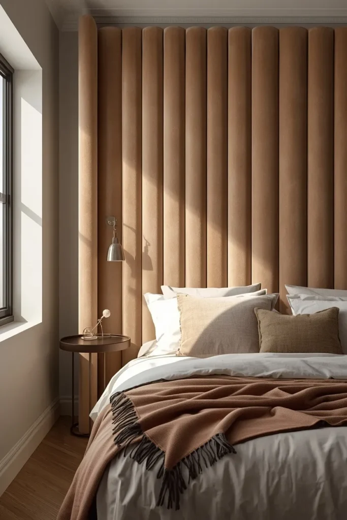 17 Tiny Bedroom Design Ideas for Couples (That Still Feel Romantic) 16 small bedroom, featuring a tall channel-tufted velvet headboard in a warm neutral tone