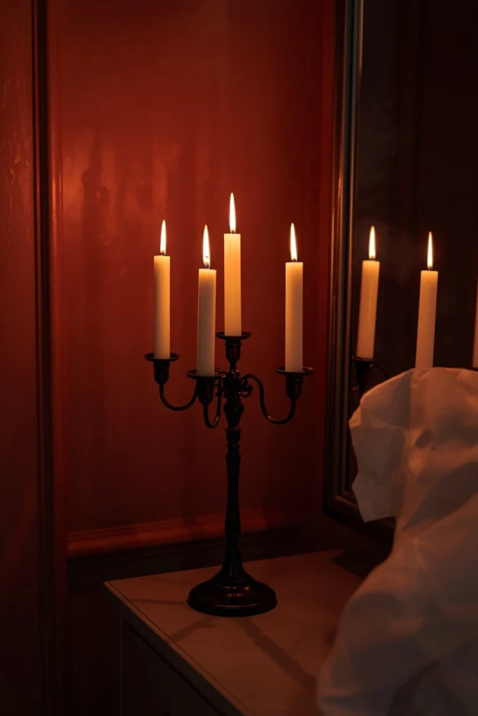 21 Vampy Romantic Bedroom Ideas for a Moody, Gothic-Chic Retreat 16 bedroom nightstand shot, featuring a dark wrought iron candelabra