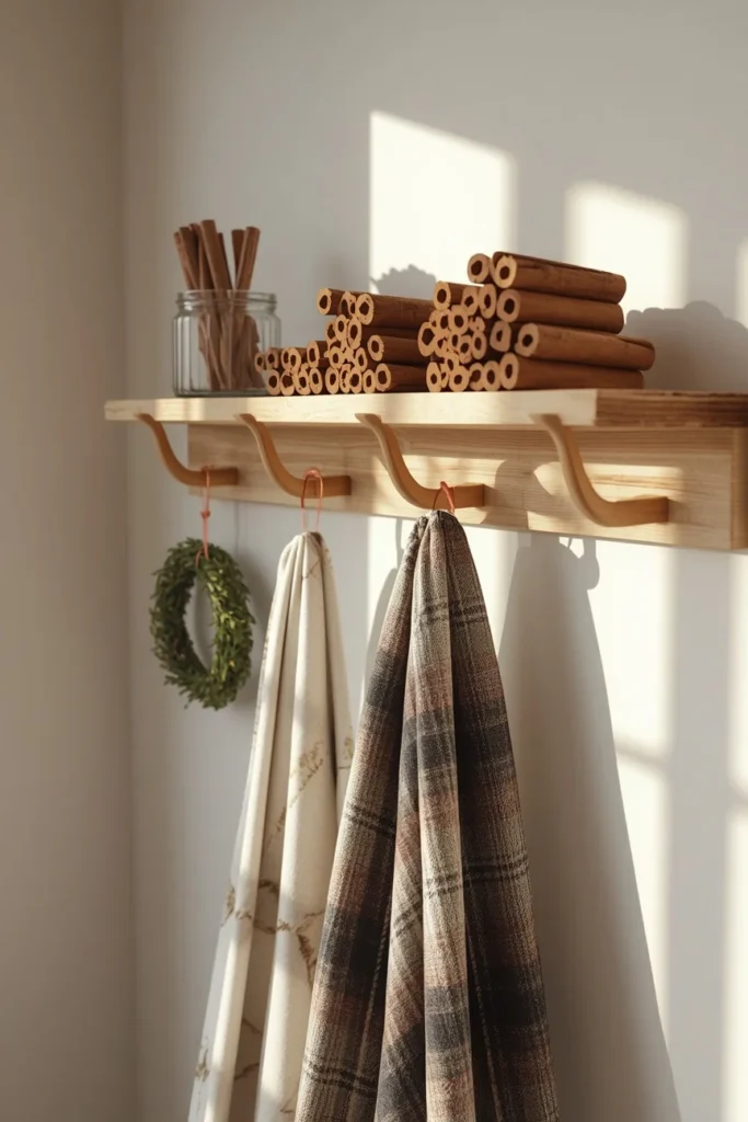 19 Ways to Decorate a Farmhouse Kitchen for Christmas (Cozy, Budget-Friendly Ideas) 16 farmhouse kitchen peg rail, featuring small wreaths, a folded plaid towel
