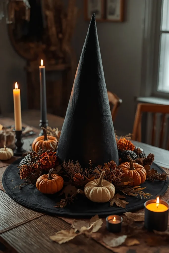 25 Whimsical Halloween Decor Ideas That Feel Spooky and Cute 16 dining table centerpiece, featuring an oversized black witch hat