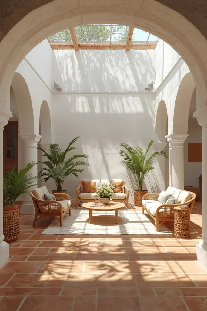 17 Afrobohemian Living Room Ideas That Feel Like a Global Getaway 17 living room, featuring whitewashed walls, terracotta tile flooring, potted palms