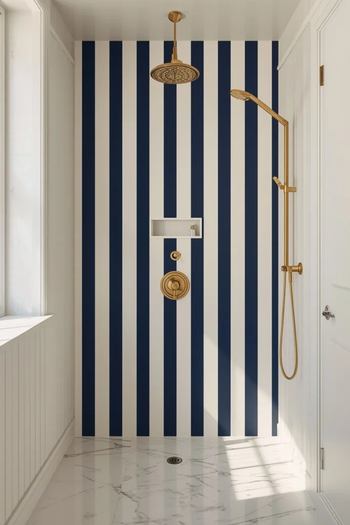 18 Bathroom Tile Ideas That Are Bold Enough to Transform Everything 17 bathroom shower wall, featuring bold vertical navy and white striped tile