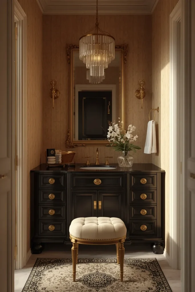 19 Black Bathroom Ideas That Are Dramatic, Chic & Completely Stunning 17 glam bathroom vanity, featuring glossy black lacquer vanity with brass hardware