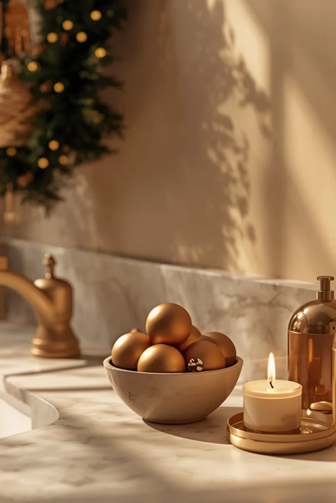 Christmas bathroom vanity, featuring a small ceramic bowl filled with matte gold ornaments