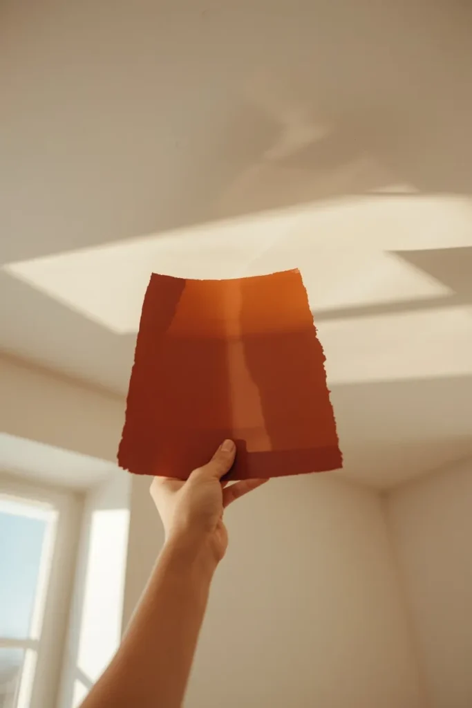 styling process shot, featuring a hand holding a large terracotta paint sample board 