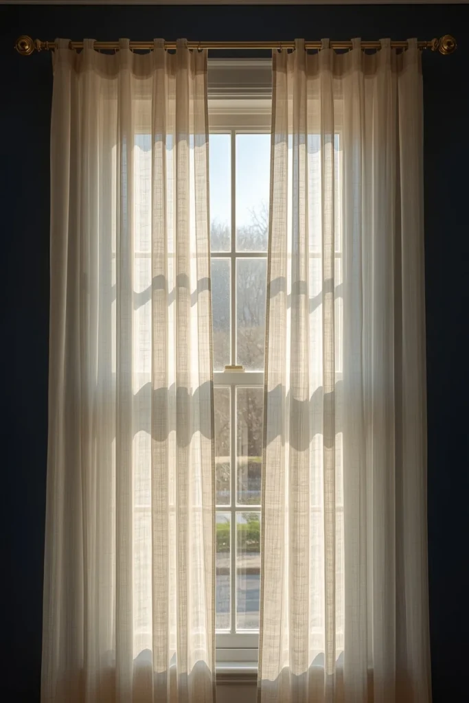 22 Cosmic Interior Design Ideas for a Starry, Galaxy-Inspired Home 17 window styling shot, featuring pale iridescent sheer curtains gently catching afternoon sunlight