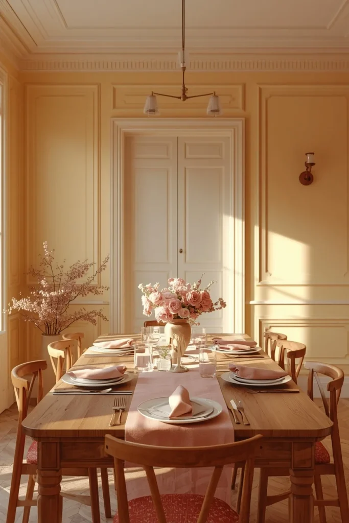 dining room, featuring buttery yellow painted trim and walls paired with dusty pink linen napkins