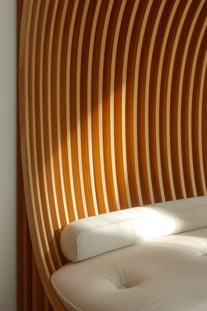  architectural detail shot, featuring exposed laminated curved wood ribs forming the backrest structure