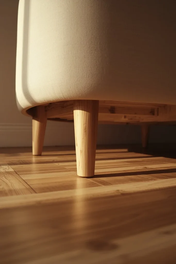 living room detail shot, featuring a curved sofa on slim light wood legs with visible floor space beneath it
