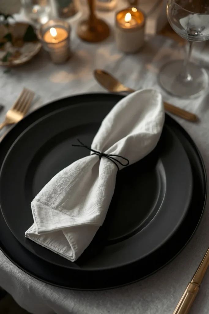 18 Elegant Halloween Dining Table Ideas for a Chic Fright Night 17 place setting close-up, featuring a white linen napkin folded into a simple ghost shape tied with black thread