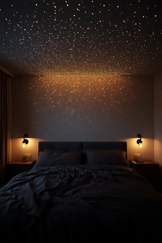  bedroom, featuring a fiber optic star ceiling kit creating tiny twinkling points of light 