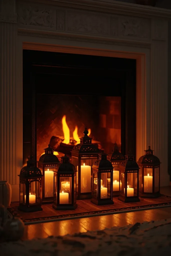 16 Fall Decor Ideas for the Space in Front of Your Fireplace 17 living room fireplace, featuring a cluster of lanterns in varying sizes and finishes placed on the floor and hearth ledge