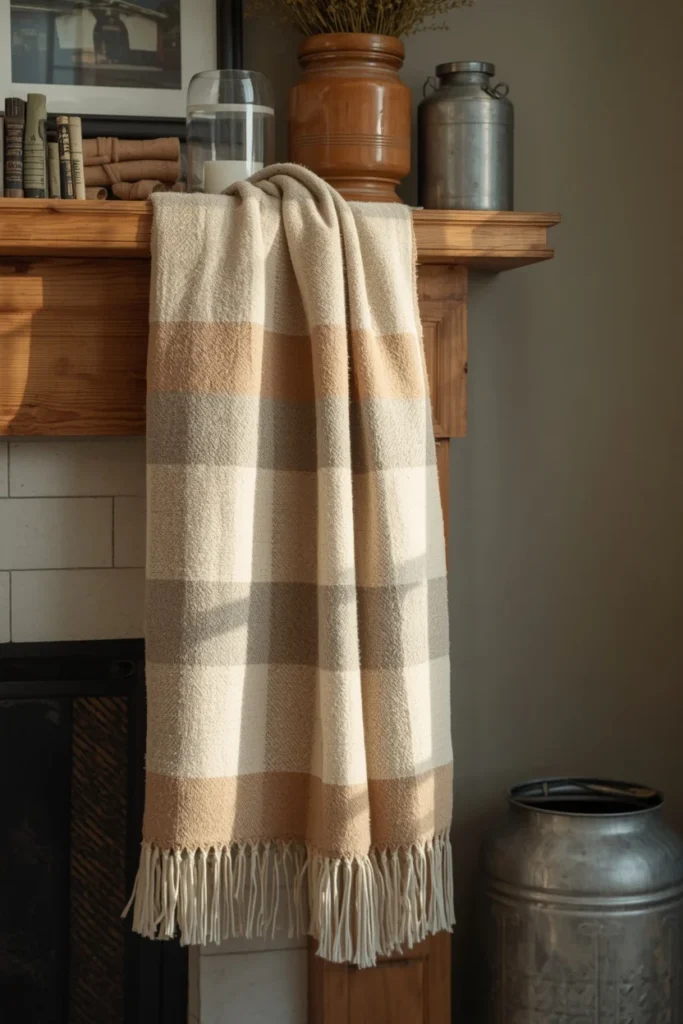farmhouse living room mantel, featuring a muted cream and tan buffalo check throw folded