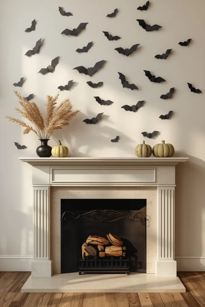  fireplace mantel and wall, featuring scattered flat black bat cutouts in a loose flight pattern 