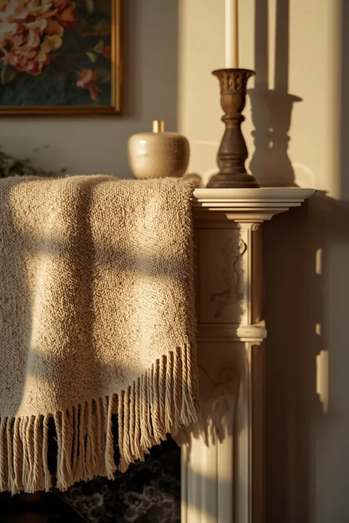 boho living room mantel, featuring a fringed wool textile draped over the front edge of the mantel 