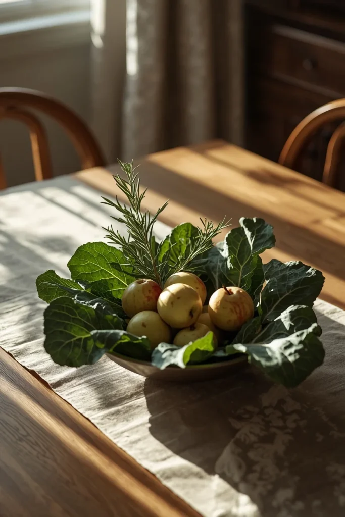 dining table, featuring a last-minute centerpiece made from kale leaves, small apples